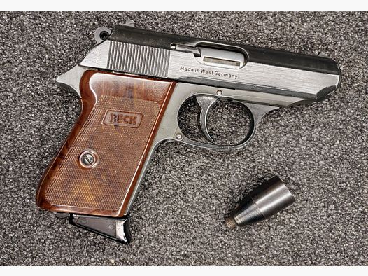 ZAREZERWOWANE: RECK PK800 pistolet alarmowy 8 mm K. PTB 196/2 – złocony dźwignia zabezpieczająca