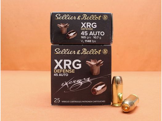 S&B Sellier & Bellot Cartuchos .45Auto S&B/ Sellier&Bellot 130grs HP XRG Defensa Totalmente de Cobre Sin Plomo VE 25 Cartuchos/ 10,7g Punta Hueca