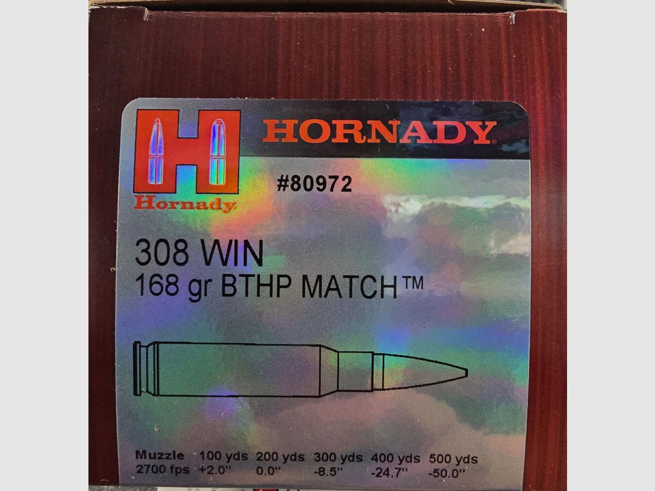 Hornady Match 308Win 168gr BTHP .308 WIN 168GR BTHP MATCH - 500 cartuchos disponibles de inmediato +50€ gastos de envío ADR