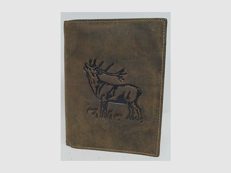 Jagdscheinetui Hirsch - braunes Antikleder,6 Fächer