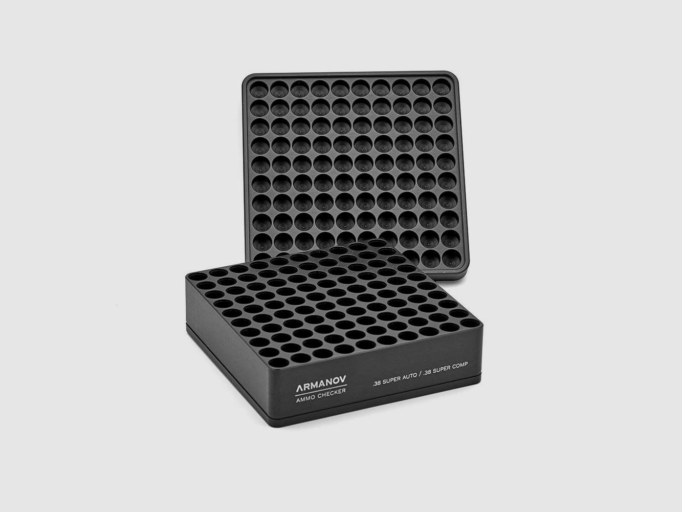 Scatola Armanov GB per calibro, 100 tasche con coperchio ribaltabile, colore: nero, calibro: .38 SUPER COMP per MTM, immagine 1 di 3
