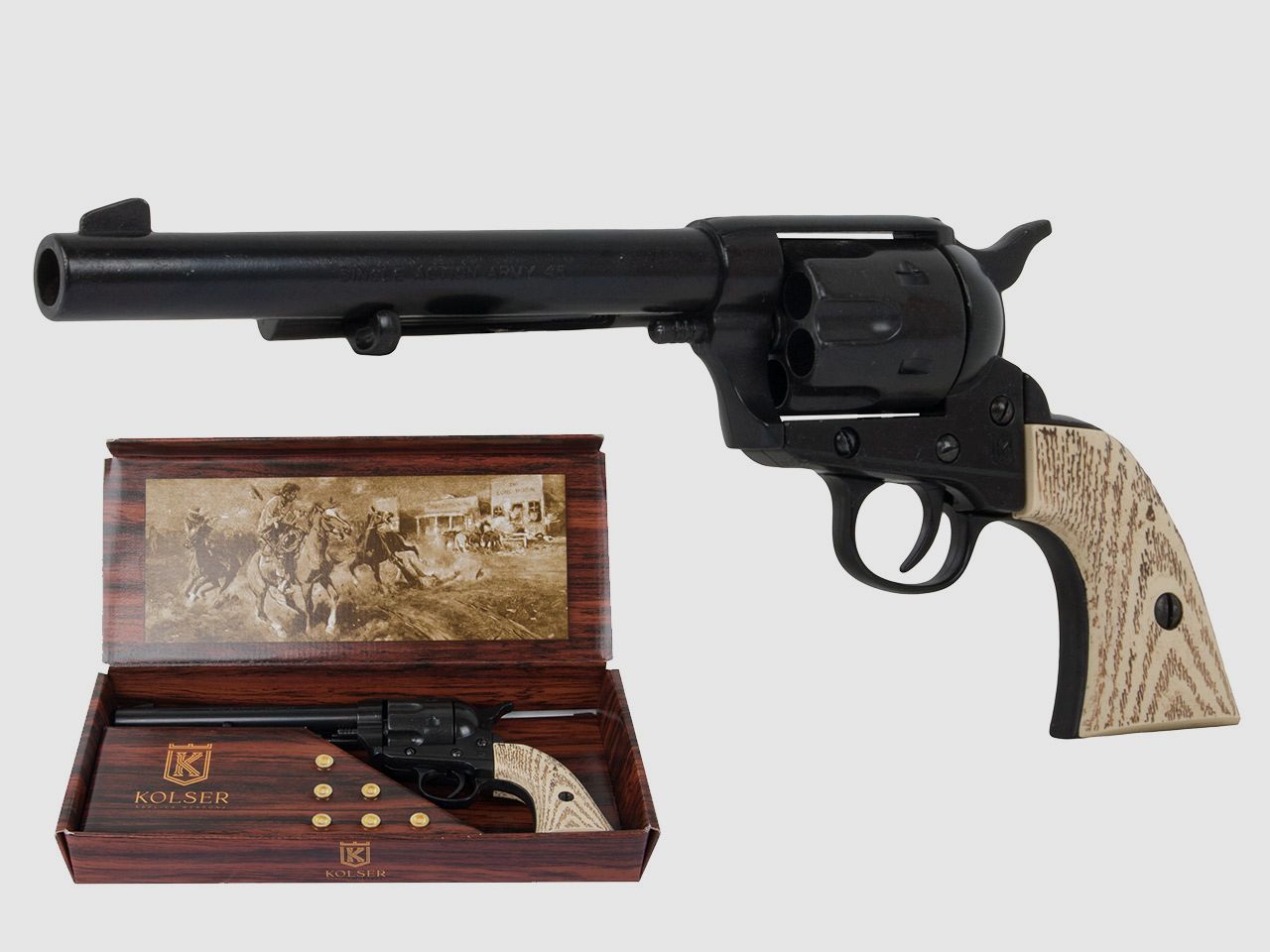 Deko Revolver US Kavallerierevolver Kolser Colt SAA .45 Peacemaker USA 1873 6,8 Zoll schwarz weiĂźe Kunststoffgriffaschalen