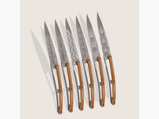 6 Deejo-Steakmessern, Olivenholz / Art Déco