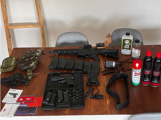 Compleet airsoftpakket — Ares Amoeba M4 (S-AEG) + H&K VP9 (GBB, metalen slide) + magazijn, gas,