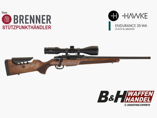 Brenner Komplettpaket: BR20 L.E. (Nussbaum, verstellbarer Schaftrücken) mit Hawke Endurance 3-12x56