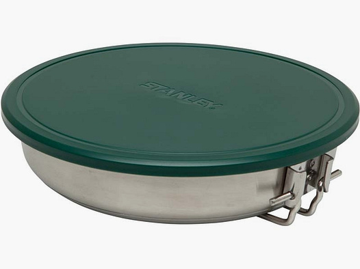 Stanley outdoor frying pan set, sandwich bottom, 2 forks, plastic cutting board, 2 plastic plates, lid