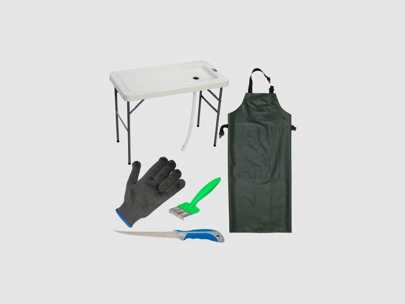 Kogha Set: Filetier-Tisch, PVC Schürze, Filetiermesser, Grätenkamm + Filetierhandschuh |