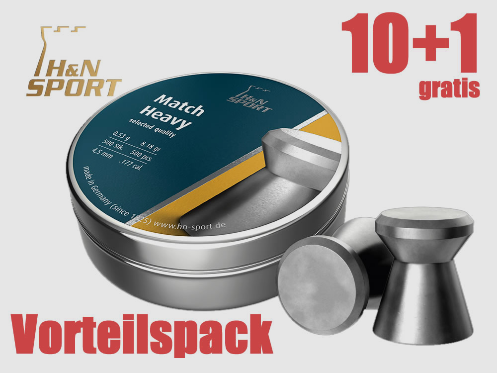 10+1 GRATIS x 500 StĂĽck H N Flachkopf Diabolo MATCH HEAVY, glatt, Kaliber 4,49 mm, 0,53 g