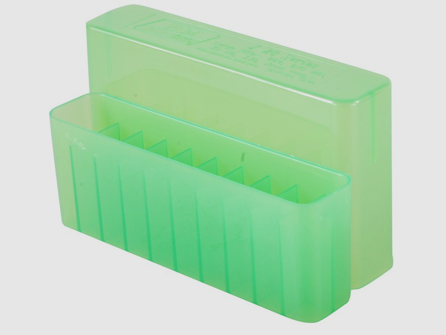 Caja de cartuchos MTM J-20-L-16 verde transparente con tapa para 20 cartuchos .30-06 y otros.