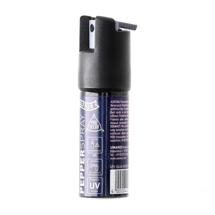 Petit spray de défense WALTHER Pro Secur 16 ml avec marqueur UV, jet conique, brouillard