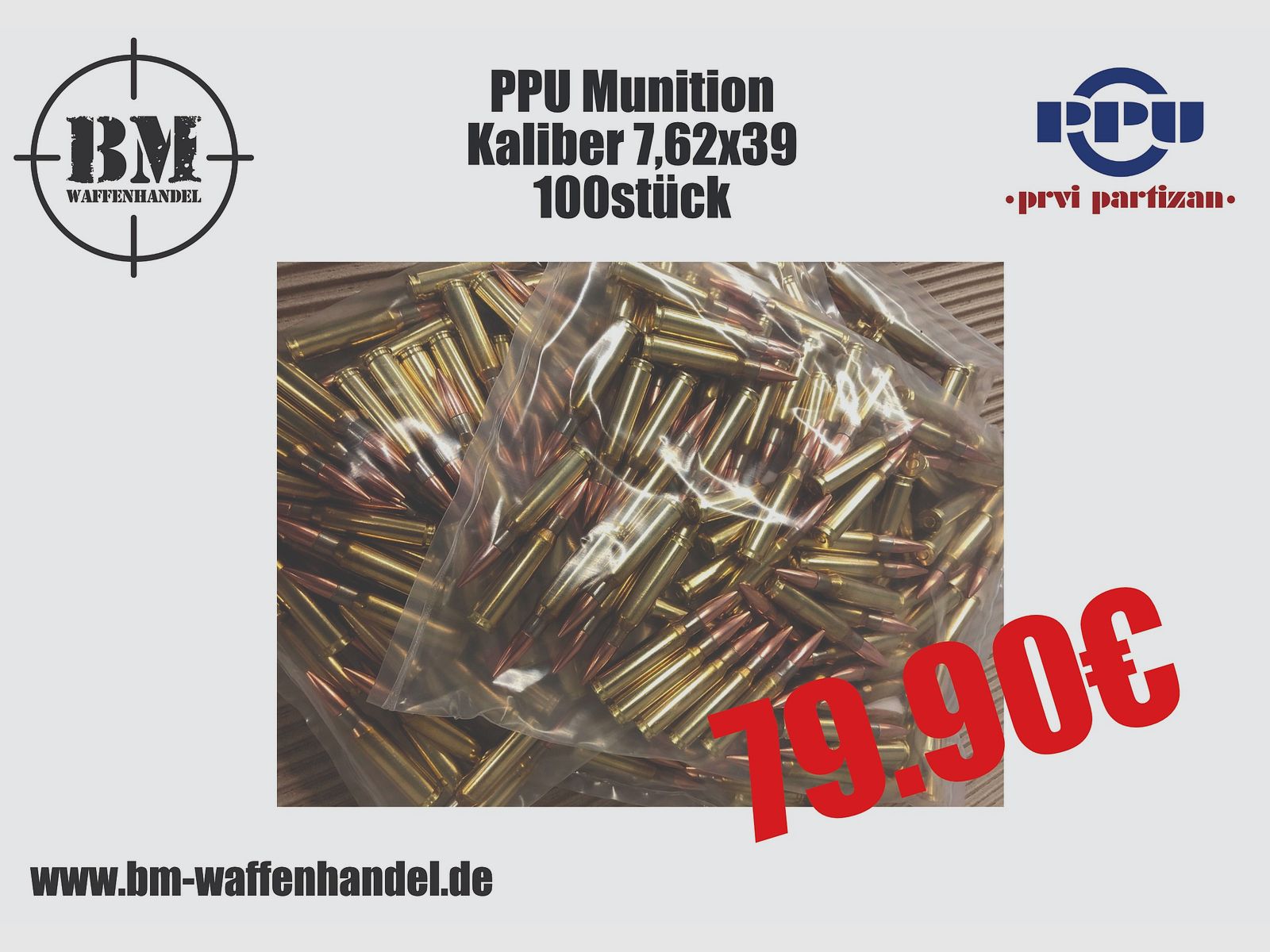 PPU 7,62x39 Munitions AK47 SKS Simonov FMJ 8,0g / 123 grs