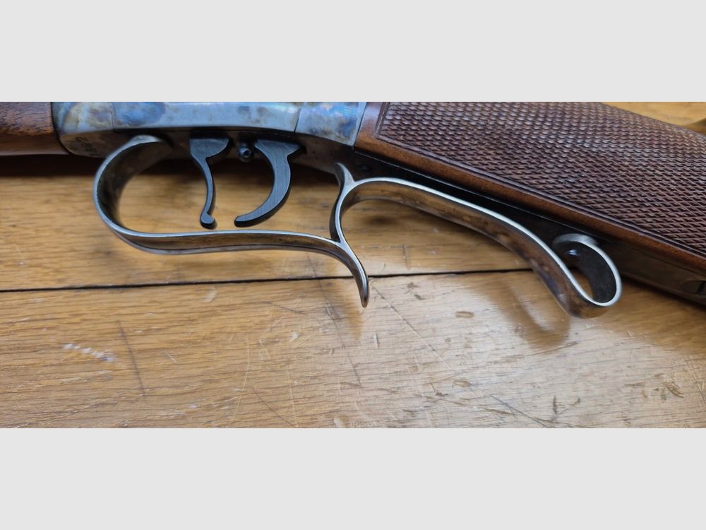 Zeer mooie reproductie van het precisiegeweer Edwin Wesson – Model uit 1845/49 – Kal. .50 – Italiaanse fabricage Moffra di Mainardi voor Hege in Duitsland – Zwartkruitwapen bekend om zijn precisie op lange afstand – Zeer mooie afwerking – Jaspage bij 90% – Hout in uitstekende staat – Zeer mooie loop – Uitstekende mechanica – Wapen uit 1978 – Prachtig en zeldzaam in de wereld van zwartkruit – TBE++, afbeelding 34 van 39