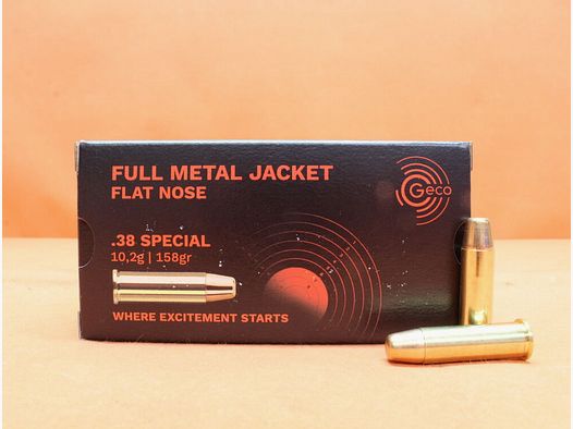 Cartouche GECO .38Special GECO 158grs FMJ-FL (2317716) VE 50 cartouches/ 10,2g ogive pleine plate