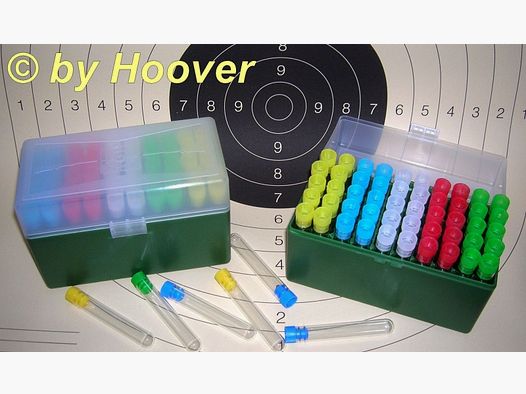 50 antistatische GLASPULVERRÖHRCHEN bis ca. 75 grain in MEGALINE Box + 3 Ersatzröhrchen!