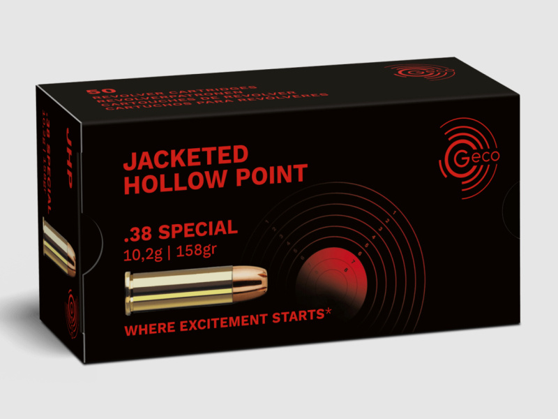 50 Schuss GECO .38 SPECIAL JHP Präzsionpatronen | Fangschussmunition Hohlspitz 158gr 10,2g #2317717