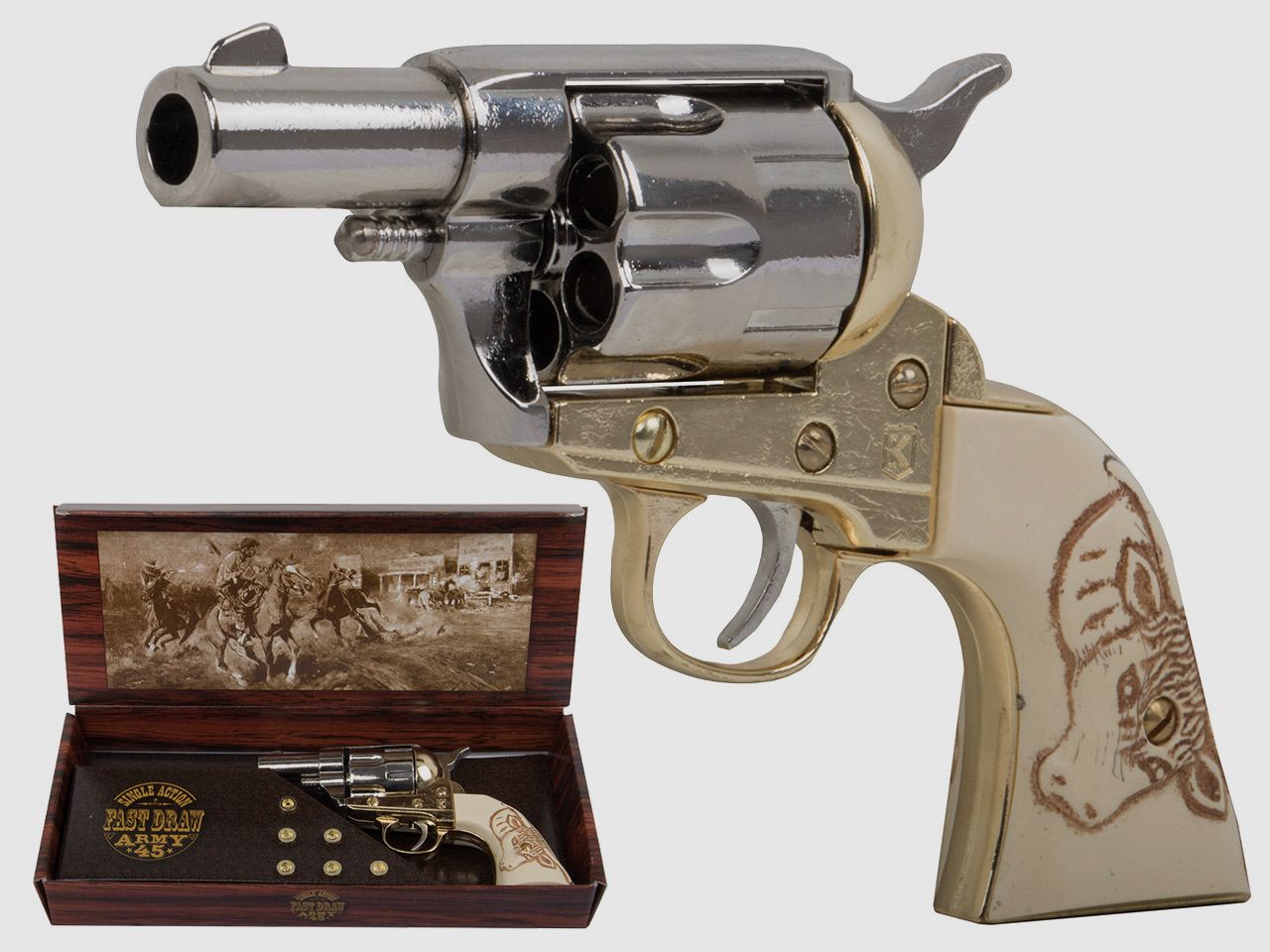 Deko Revolver Kolser Colt SAA Single Action Army Snub Nose 2,5 Zoll weiĂźe Griffschalen mit Stiermotiv nickel gold
