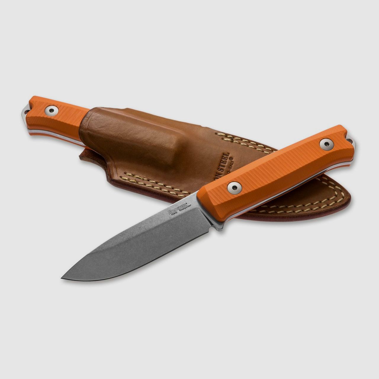 B40 G10 Coltello Bushcraft arancione con fodero in pelle marrone