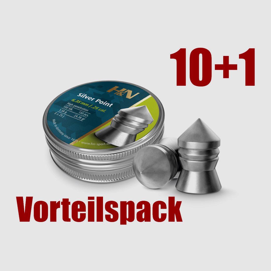 10+1 GRATIS x 150 StĂĽck H&N Silver Point Diabolo, Spitzkopf, glatt, Kaliber 6,35 mm, 1,58 g