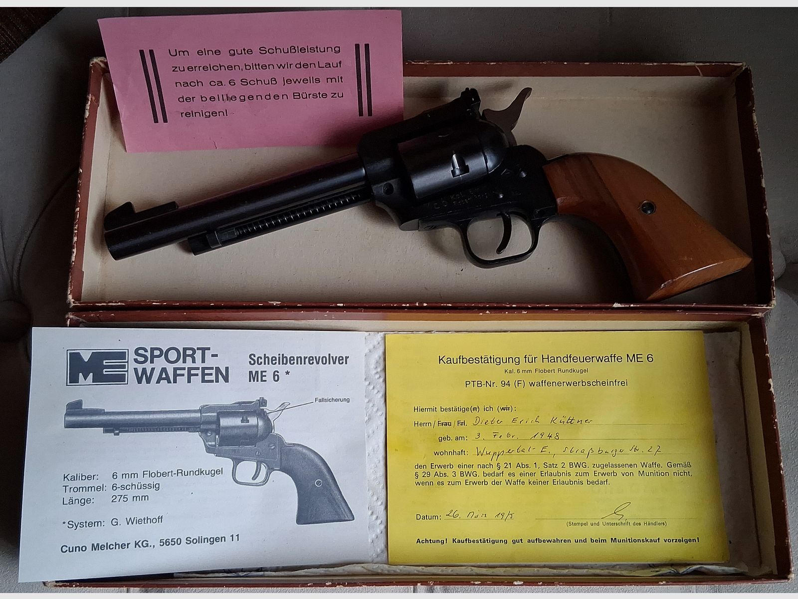 Revolver ME 6 by Cuno Melcher in 6mm Flobert round. No license required, does not count towards the quota