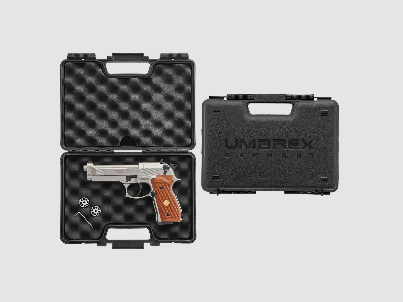 Luftpistolenset Beretta M 92 FS 4,5 mm Diabolo Nickel / Holzgriffschalen (P18) Co2-Pistole + 1000 Diabolos + 10 Co2-Kapseln Umarex