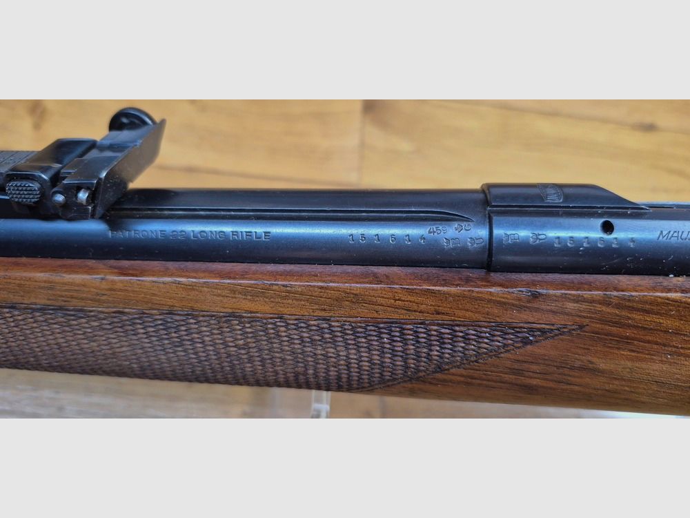 Sehr schöne Wettbewerbsbüchse Mauser ES350 B – III. Reich – Modell Meisterschaftsbüchse – 22LR – Anfängerwaffe 1936 – Mono-Nummer – Premium Lauf – Ein Sprung an der Spitze des Schaftes, aber insgesamt in ausgezeichnetem Zustand, fast neu – TBE, Bild 30 von 35