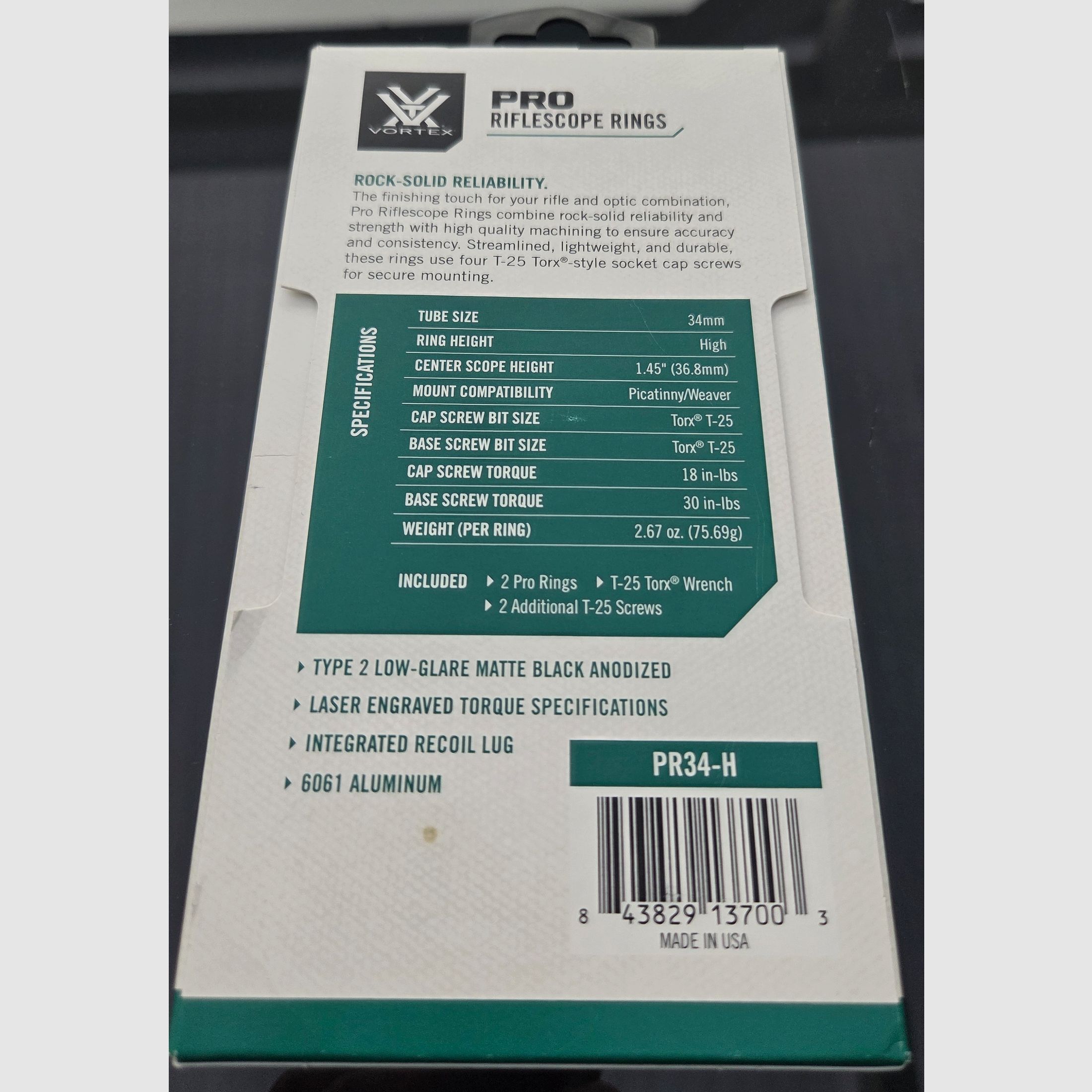 Montaggio mirino 34 mm Vortex Pro Series anelli medi Picatinny Weaver