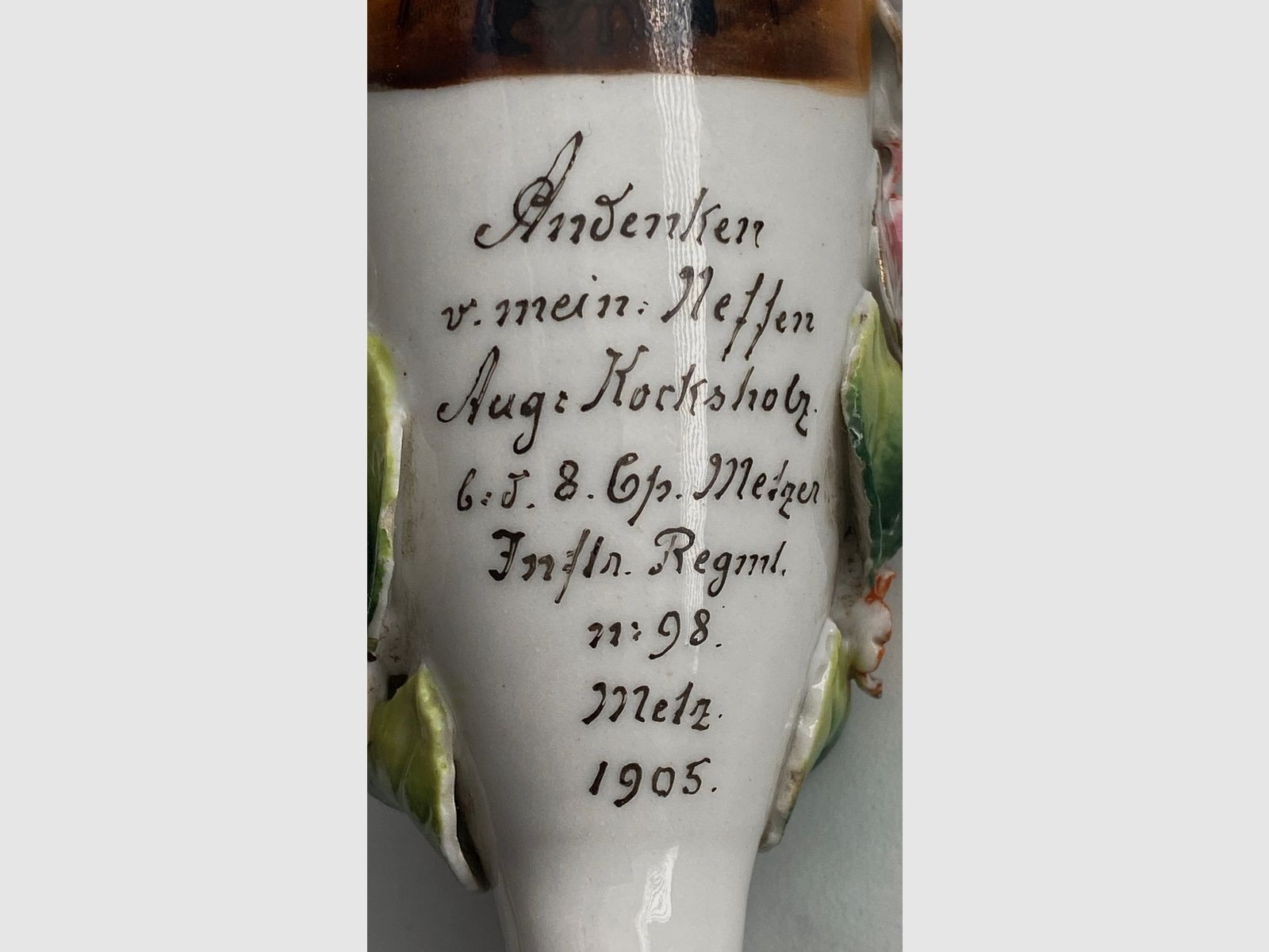 Pfeifenkopf Porzellan, Reservisten Pfeifenkopf mit Reservistenbild, Reservistenpfeife, Rockholz 1905