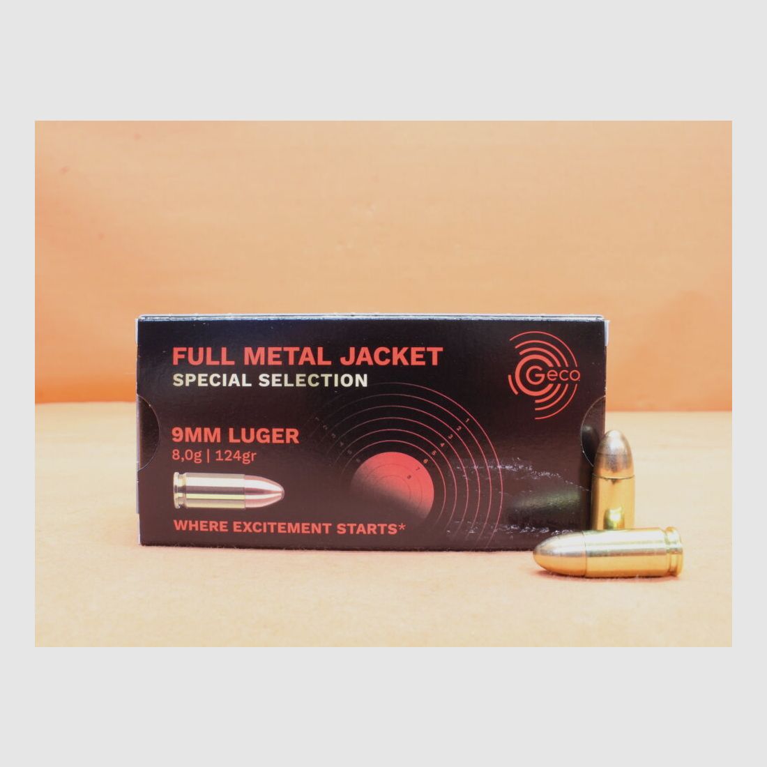 GECO patroon 9mm Luger GECO 124grs FMJ (2431562) Special Selection VE 50 patronen/ 8,0g volmantel (precisiepatroon), afbeelding 1 van 2