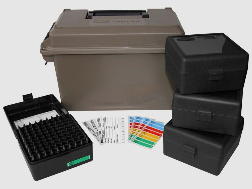 MTM scatola per munizioni ACC223 dark earth per 400 cartucce inclusi 4 scatole per cartucce RS-100 per .223 Rem. e altri.
