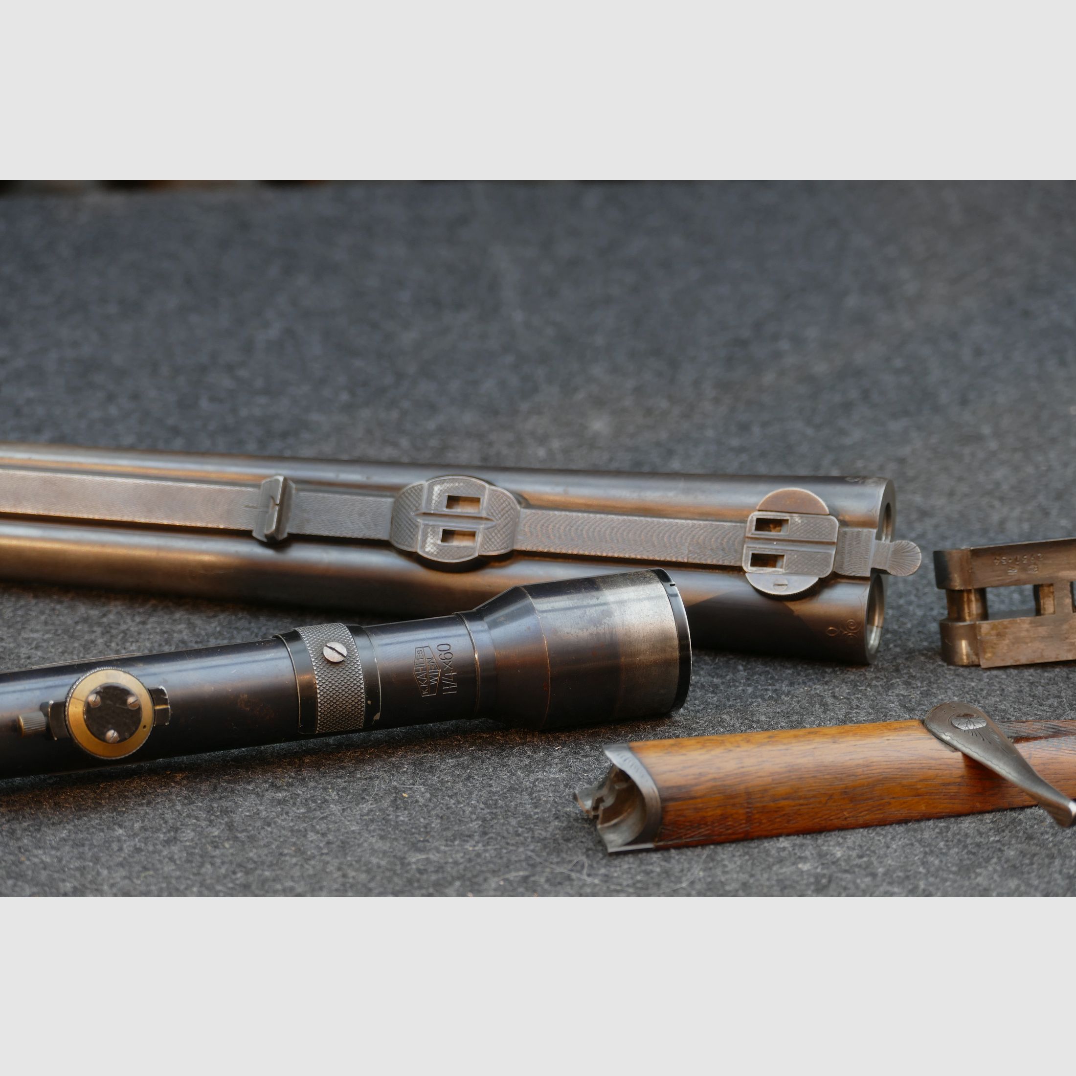 Cockshotgun from Ferlach, cal. 8×57 R‑360 / 16/65, scope Kahles Vienna H/4×, leather travel case, dies, cases, and bullets (173)