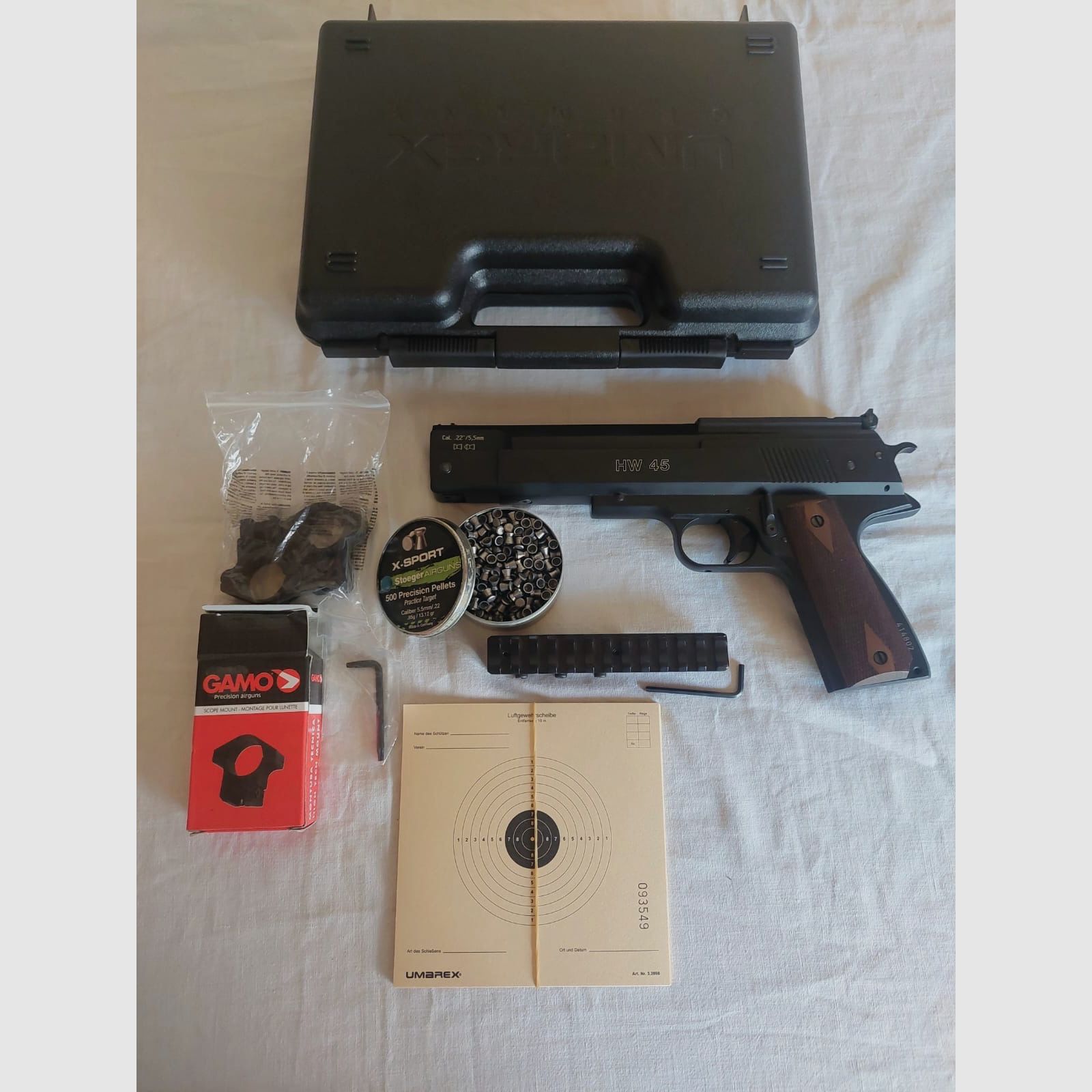 Weihrauch HW45 Luftdruckpistole 5,5 mm Diabolo brüniert + Zubehör