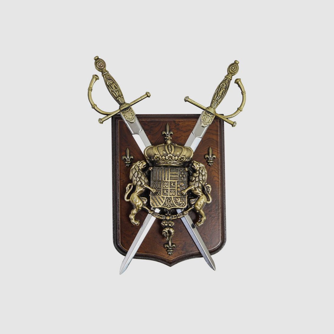 Wandschild aus Holz Wappen mit LĂ¶wen und Krone mit 2 gekreuzten Degen 29 x 20 cm