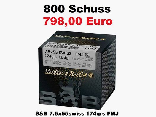 Sellier&Bellot Munizioni Sellier & Bellot 7,5x55Swiss palla intera 174grani / 11,3g 800 colpi (16x 50 colpi)