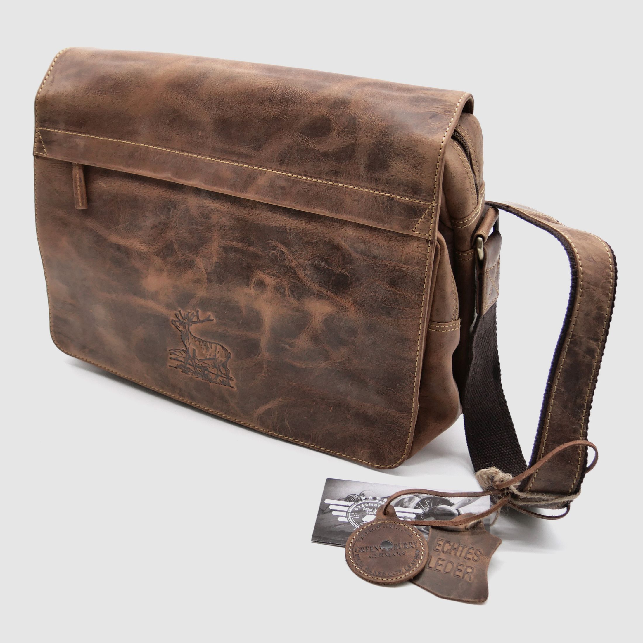 Greenburry Leder Umhängetasche Hirschprägung braun 1766-STAG3-25