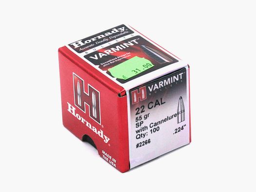 Büchsengeschosse, Hornady .224 SP W/C, 55gr, 100 Stk, .223 Rem.