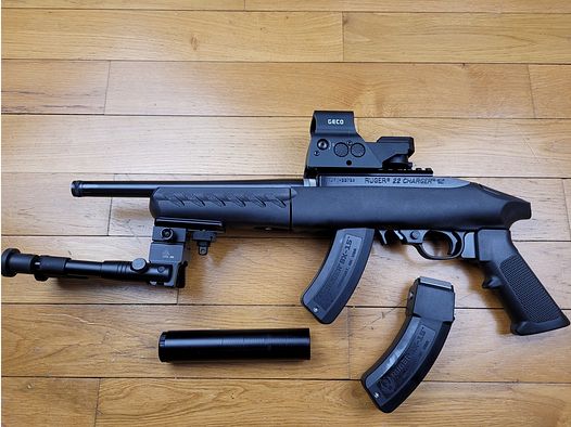 Fascinant Ruger 22 Charger Take Down – « Mutant » Selbstladebüchse 22LR – 2 Magazine – Rotpunktvisier Geco – Neu!