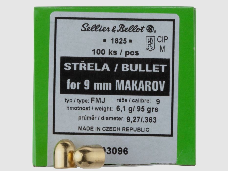 Sellier & Bellot Balas 9mm Makarov / .363 Full Metal Jacket 95GR 100 Piezas