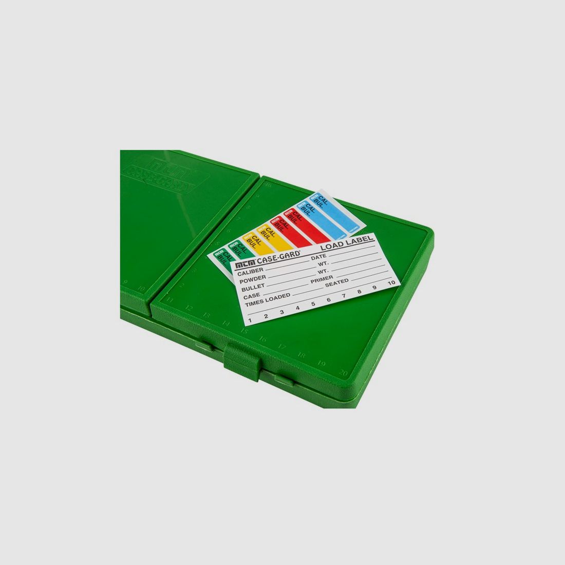 Caja de cartuchos MTM P-200-9-10 verde con tapa abatible para 200 cartuchos de 9 mm y menos.