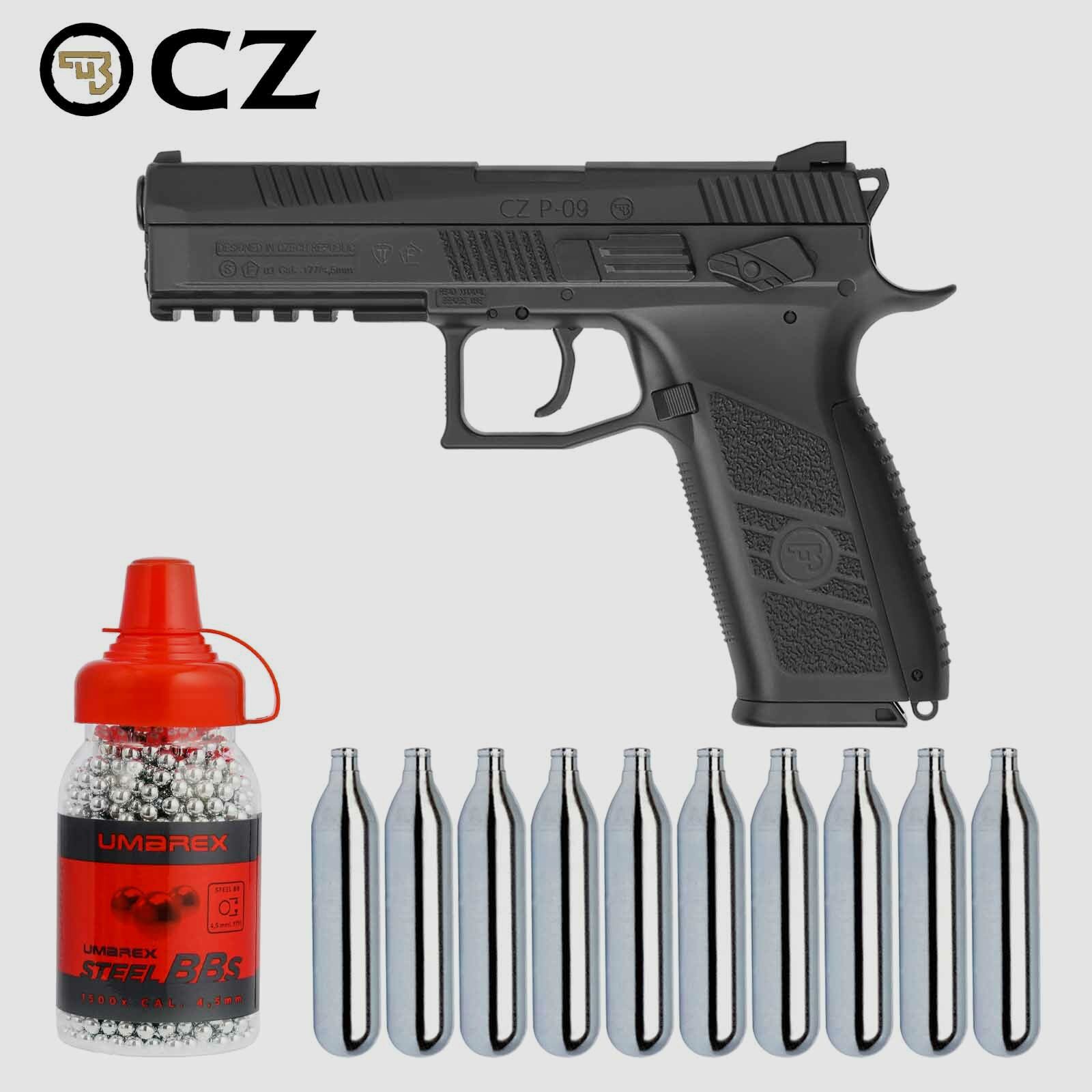 Kompettset CZ P-09 Duty 4,5 mm Diabolo/Stahl BB Co2-Pistole Blow Back (P18) + 10 Co2-Kapseln Umarex + 1500 Stahl-BB's Umarex