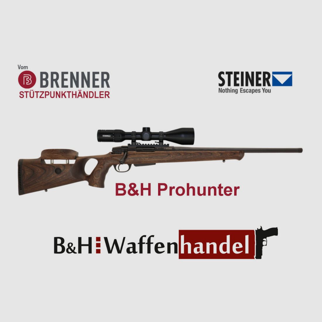 Brenner Komplettpaket: BR20 B&H Prohunter Lochschaft mit Verstellung inkl. Steiner 3-12x56 fertig montiert Jagdbüchse