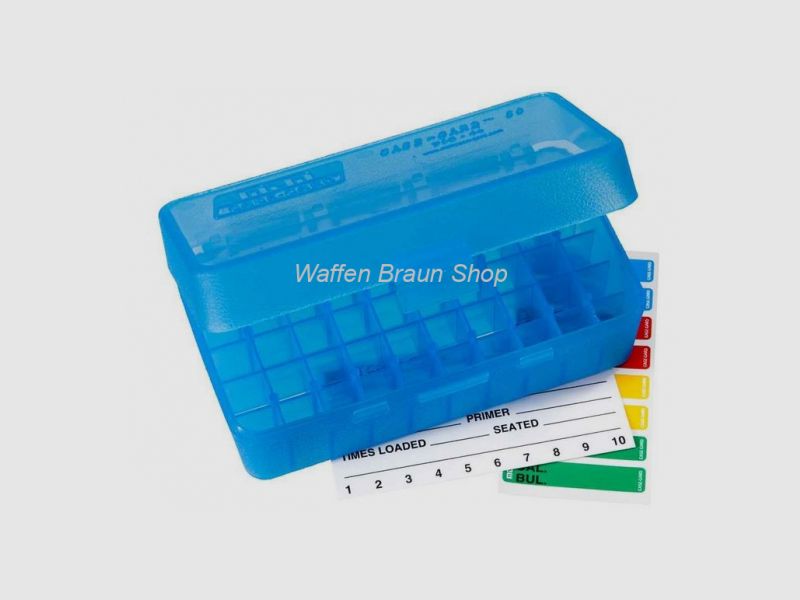 MTM Klappdeckelbox .41/.44Mag Blau für 50 Patronen aus hochwertigem Kunststoff sehr stabil mit Schna