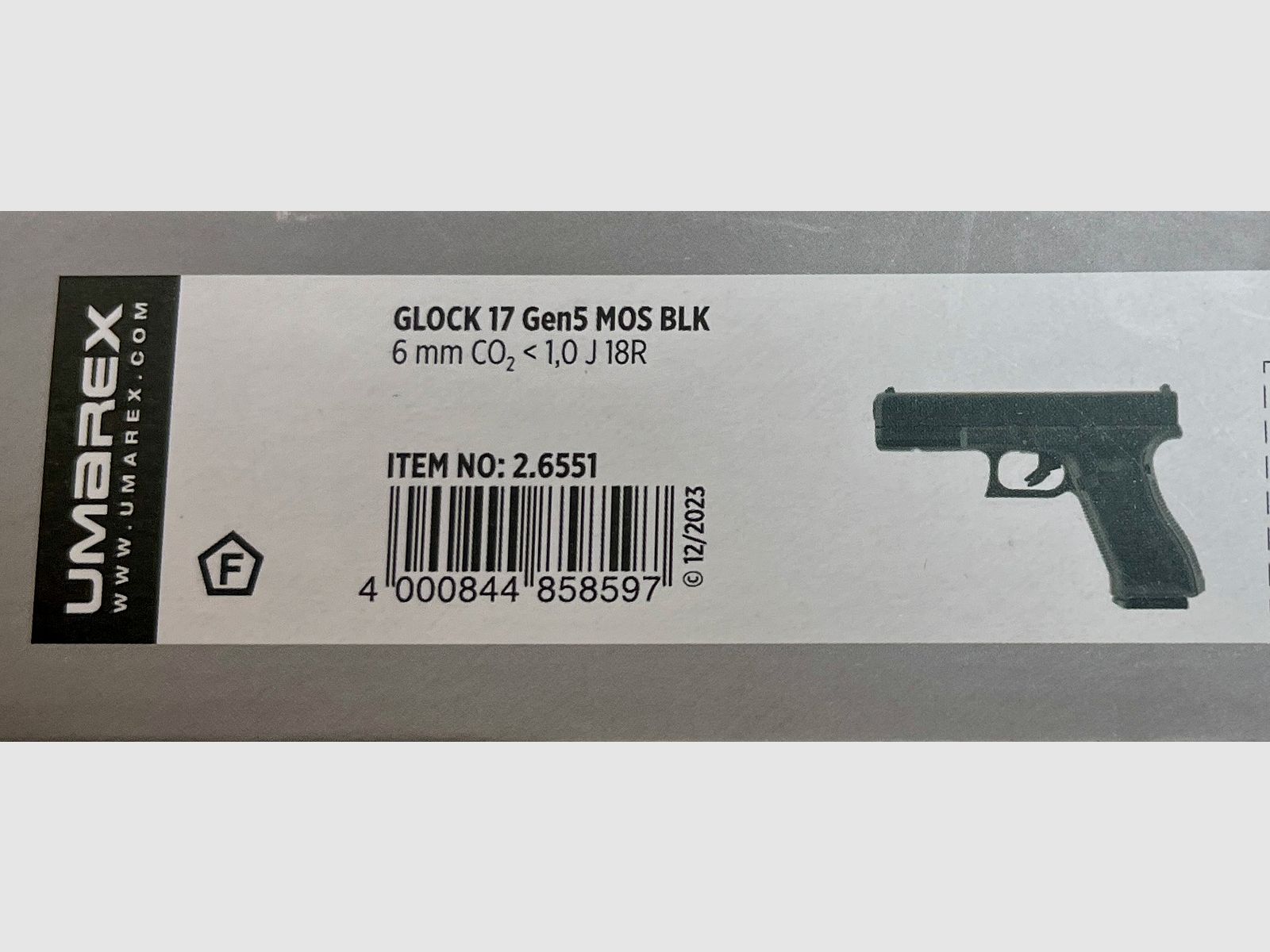 Glock 17 Gen5 MOS (with adapter plates) GBB CO2 Airsoft 6mm, UMAREX, model 2.6551, <1.0 Joule