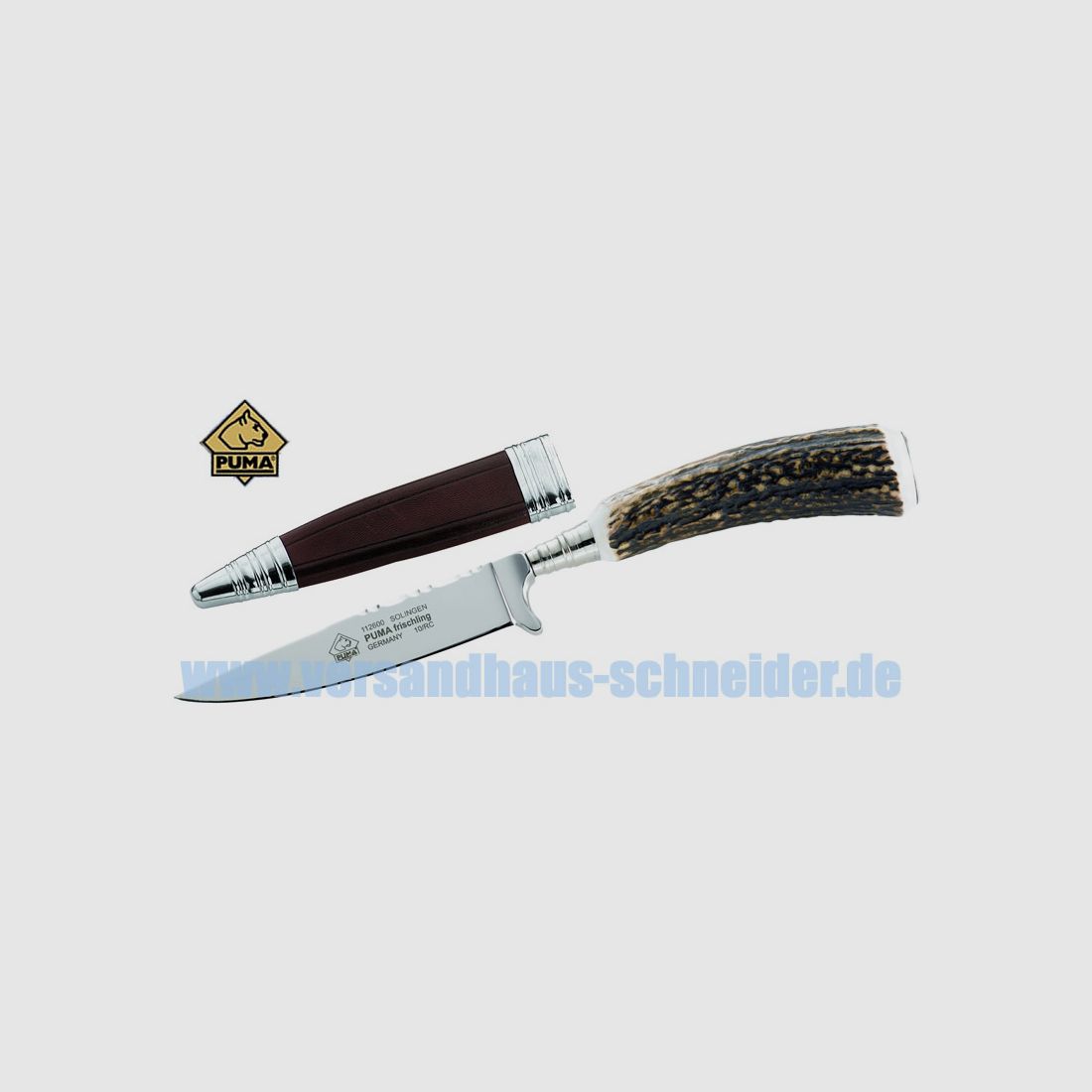 Puma Jagdmesser, Modell Frischling, Stahl 1.4116, Hirschhorn , Lederscheide P18)