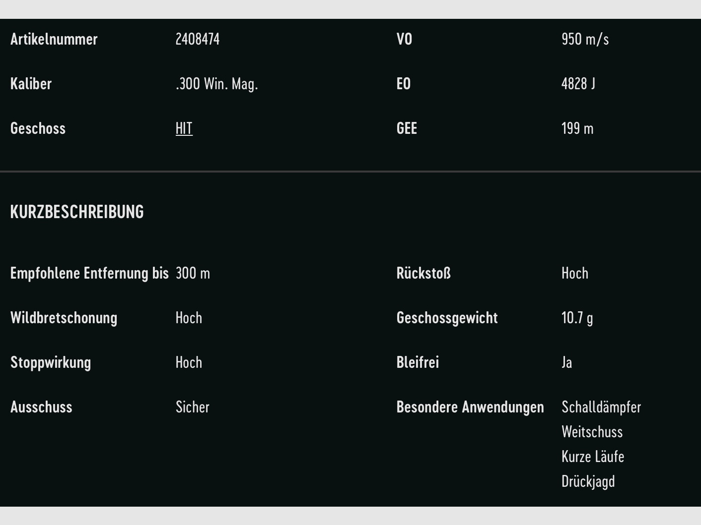 RWS 2408474 Büchsenpatronen .300 Win. Mag. HIT Short Rifle 10,7g 165grs. Bleifrei