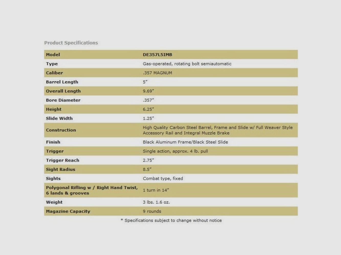 Magnum Research Desert Eagle L5" (5 pouces) Noir MB Intégral .357Mag