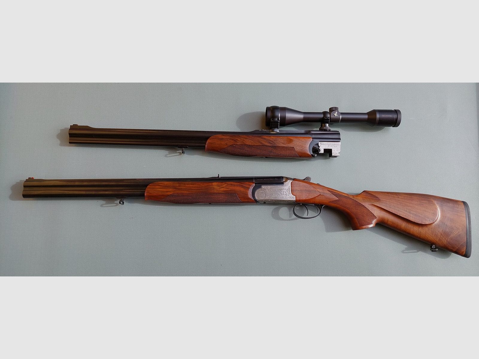 G.S. Bockdoppelflinte BETTINSOLI Kal. 12 mit zusätzlichem Lauf 7X57R und SWAROVSKI HABICHT 6X42 mit Pivot-Montagen und Koffer, Bild 1 von 3