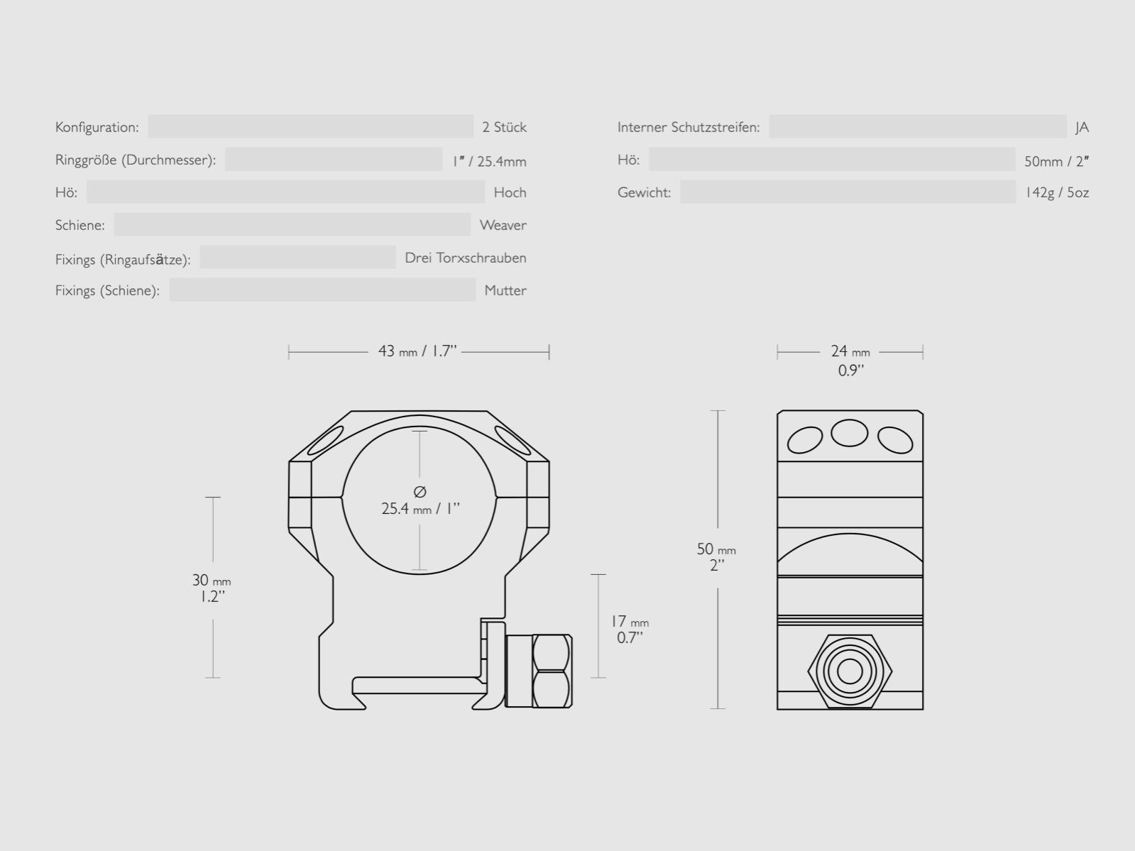 HAWKE 24112 taktische Ringmontage für Zielfernrohr Weaver 25,4 mm Hoch 2 Stück