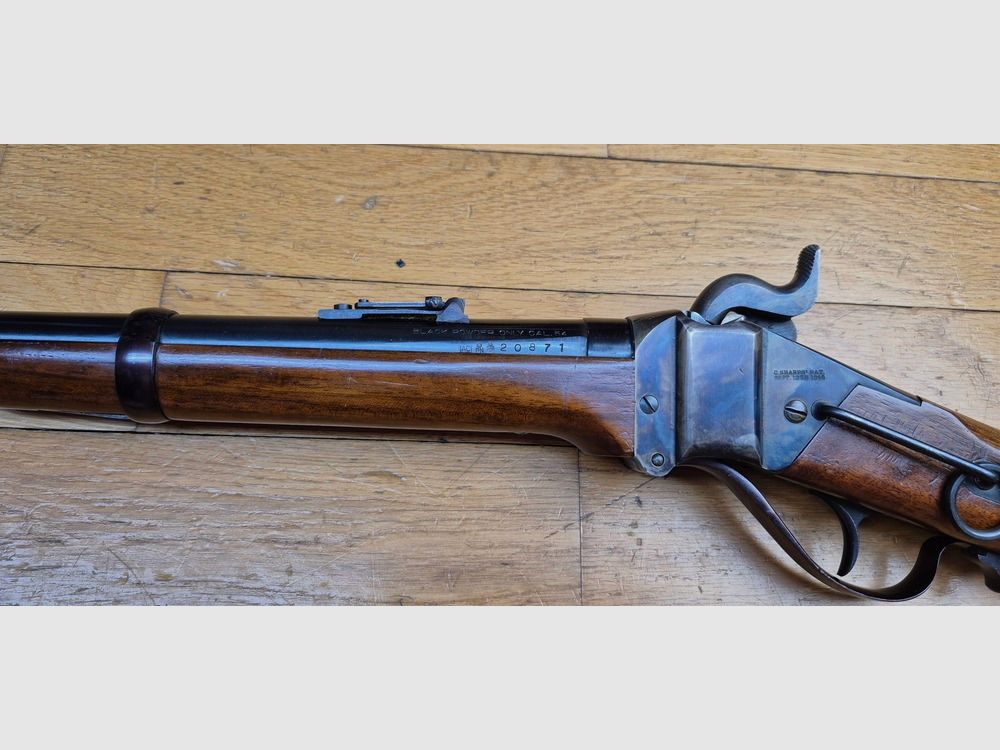 Sehr schöne Sharps Kavallerie Büchse Modell 1863 – Qualitätsfertigung IAB Marcheno – Schwarzpulverwaffe – Kal.54 – Waffe von 1977 – Seltene Replik und in ausgezeichnetem Zustand – TBE++, Bild 29 von 34