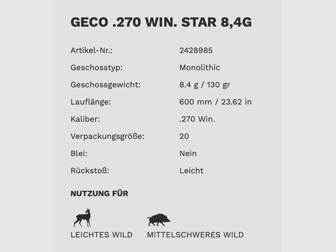 Geco 2428985 .270 Win. Star 8,4G 130Gr. Bleifrei Deformationsgeschoss