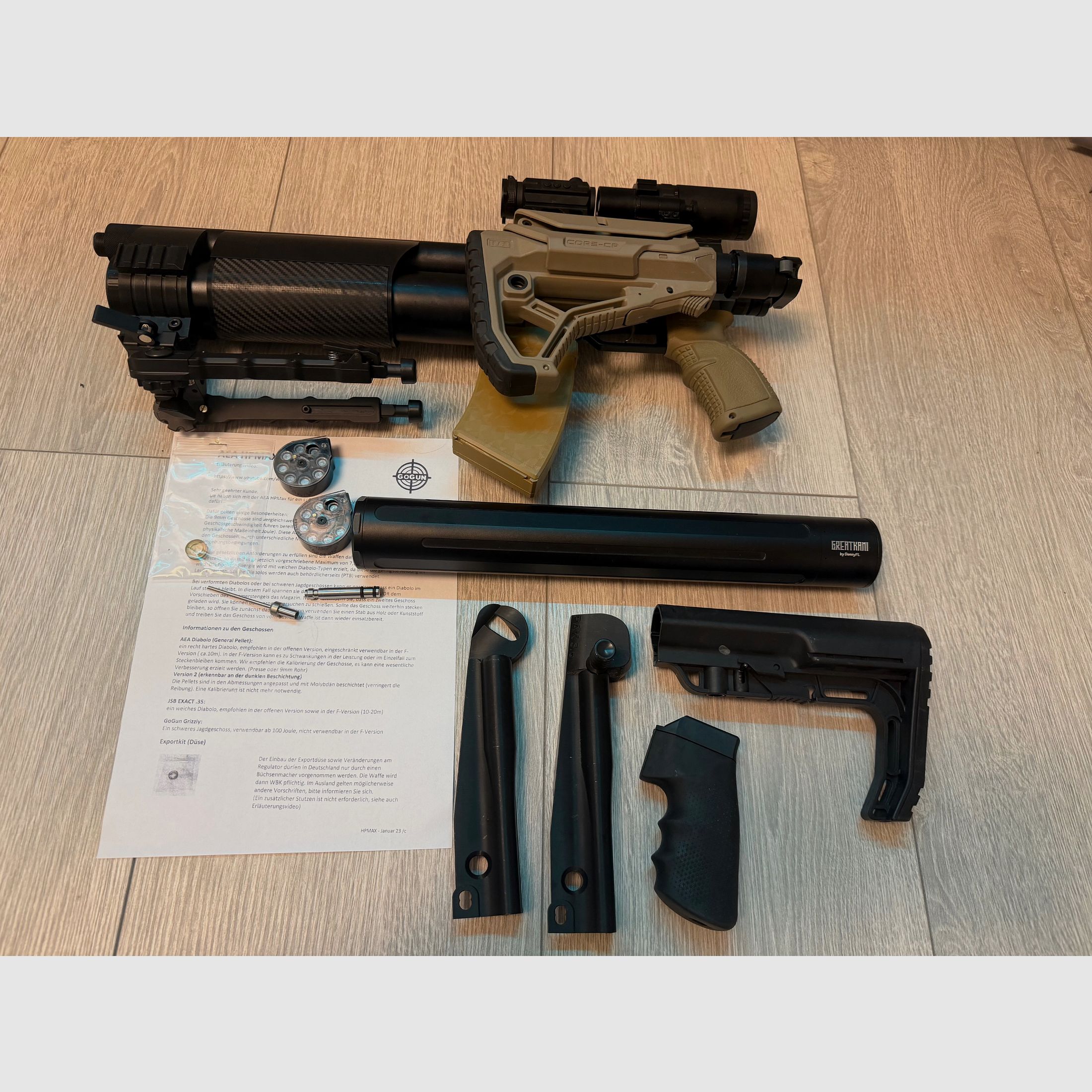 AEA HP-Max MK 1 Kal. .35 9mm F-luchtgeweer pompactie, RED-DOT en opvouwbare vergroting 1-5x (vergroter), tactisch, FAB-schaft, Donny FL, bipod tactisch